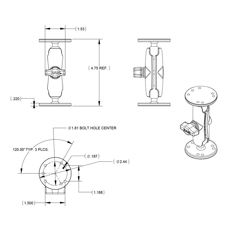 RAM Mounts Universal Double Ball Mount with Two Round Plates RAM-B-101U with Medium Arm for Drill-down Mounting - Image 5